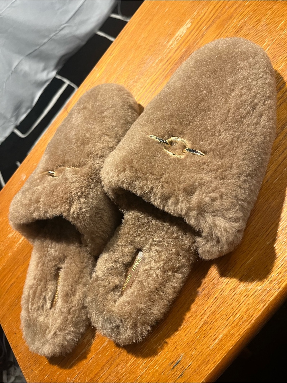 Anine Bing Shearling Plush Slip on Loafers Mules Camel / Yellow Gold SZ 38 - Picture 3 of 11